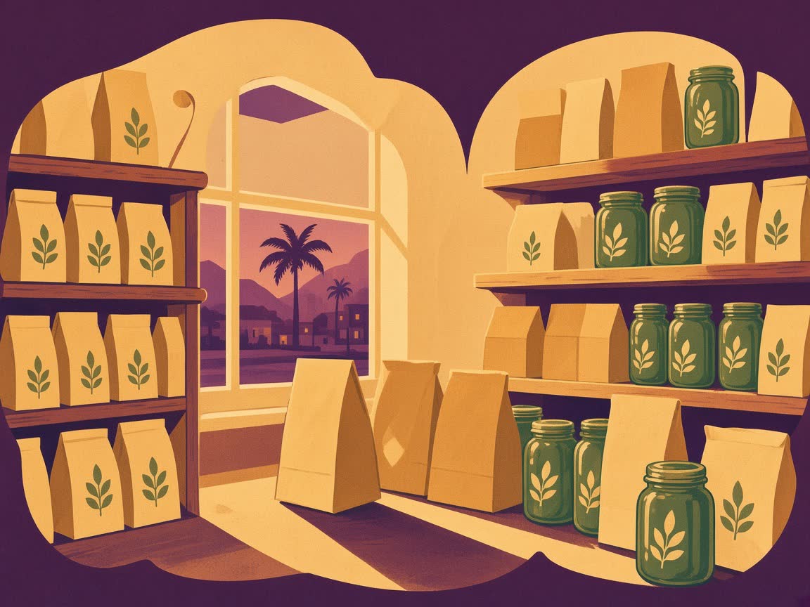 Retro illustration of wooden shop shelves with botanical jars and kraft bags