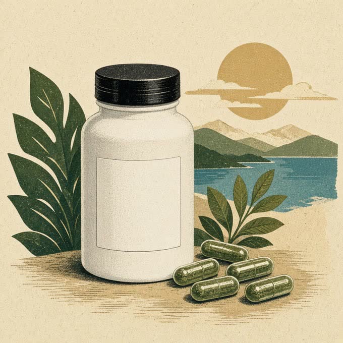 Plain white bottle of botanical capsules beside a few loose capsules