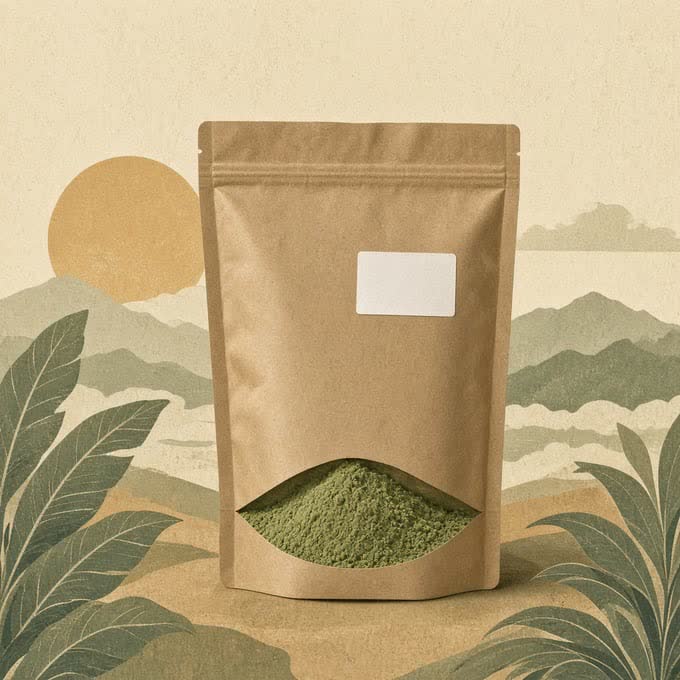 Plain kraft bag of green botanical powder with a simple lot label