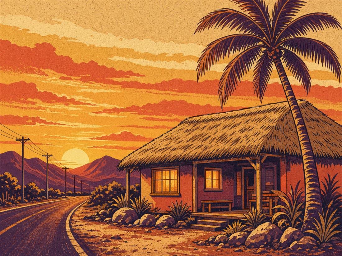 Retro poster illustration of the Hippy Hut storefront at golden hour